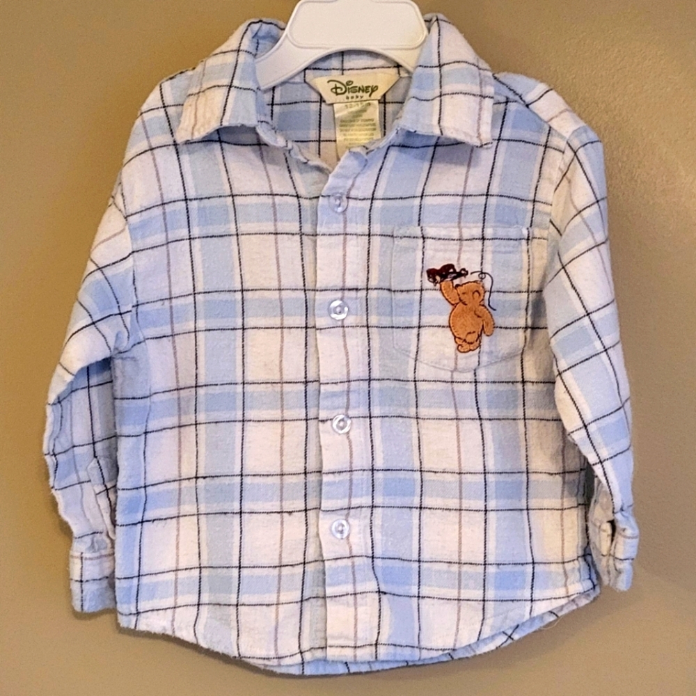 Disney baby Winnie the Pooh light flannel plaid button down shirt